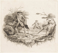 KG 01264
<br/>
Boekillustratie: Man in toverkring en zwijn
<br/>
<em>Schmidt, Georg Friedrich (1712-1775)</em>